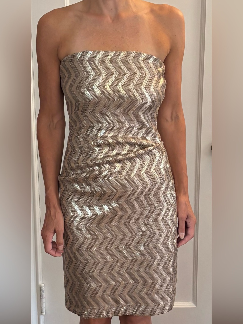 Strapless Chevron Sequin Dress in Gold